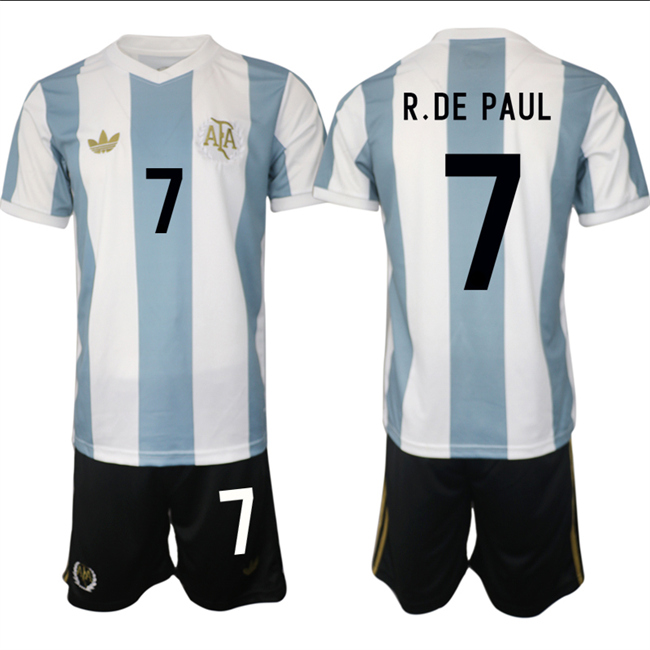Men's Argentina #7 Rodrigo Javier De Paul  White/Blue 2024-25 50th Anniversary Home Soccer Jersey Suit